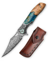 Apus-07C Liner Lock，3.77'' 67 Layesrs Damascus Steel Blade，Steel Bolster & Resin Wood Handle, Sheath